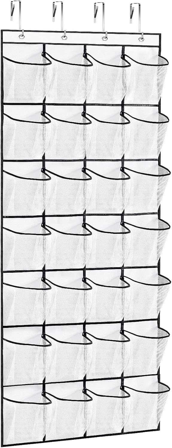 VOPTON 28Large Pockets Over The Door Shoe Organizer, Hanging Shoe Organizer for Closet, Premium Clear Shoe Rack for Door, Shoes Hanger Organizers Storage Holder for Back of Door and 4Metal Hook White