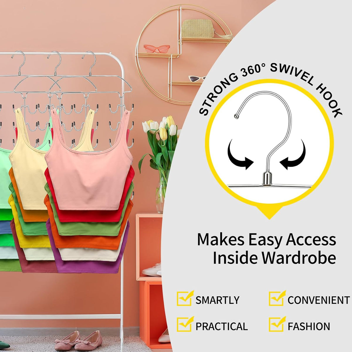 2 Pack Tank Top Hanger Space Saving, 360° Rotating Closet Organizers and Storage, 6 Tier Metal Bra Organizer with 24 Hanging Hooks, Small Space Solutions, RV Apartment College Dorm Room Essentials