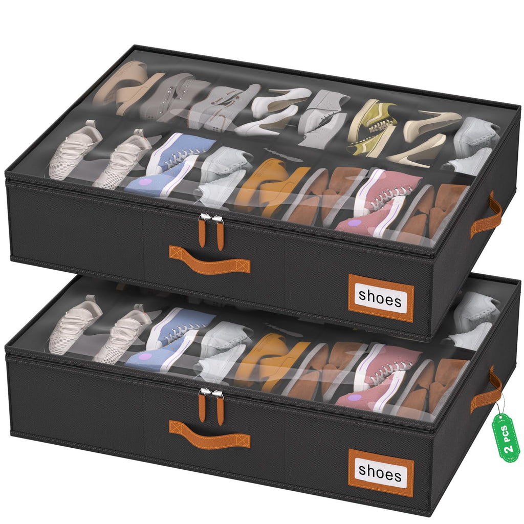 homyfort Under Bed Shoe Storage Organizer for Closet Fits 24 Pairs-Sturdy Underbed Shoe Storage Box Bins,Set of 2 (Linen-like Black)