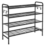 VILICK 4-Tier Shoe Rack 33" Wide Metal Shoe Organizer Long Shoe Storage with 4 Side Hooks Sturdy Shoes Shelf for Closet, Front Door Entrance, Garage, Dorm, Black