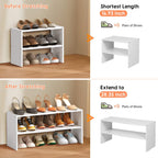 2 Pack Expandable White Shoe Rack Organizer for Closet, 2-Tier Stackable Shoe Storage Shelf, Small Iron Wood Combination Shoe Shelves for Closets,Entryway,Front Door, Narrow Space,Hallway,15-24 Pairs