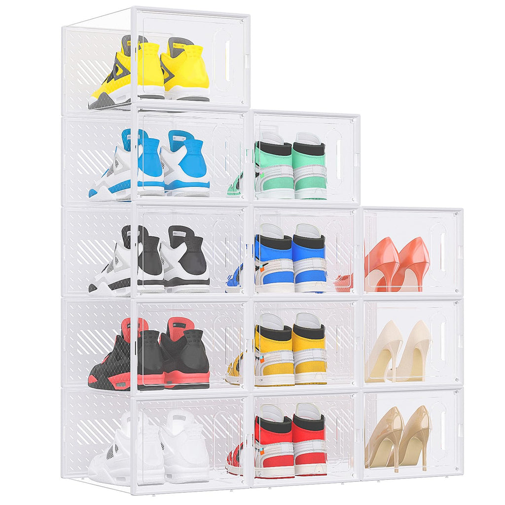eWonLife X-Large Shoe Boxes with Magnetic Door, 12-Pack Stackable Shoes Storage Organizer for Closet, Clear Plastic Sneaker Container Shoe Rack for Size 12, Black