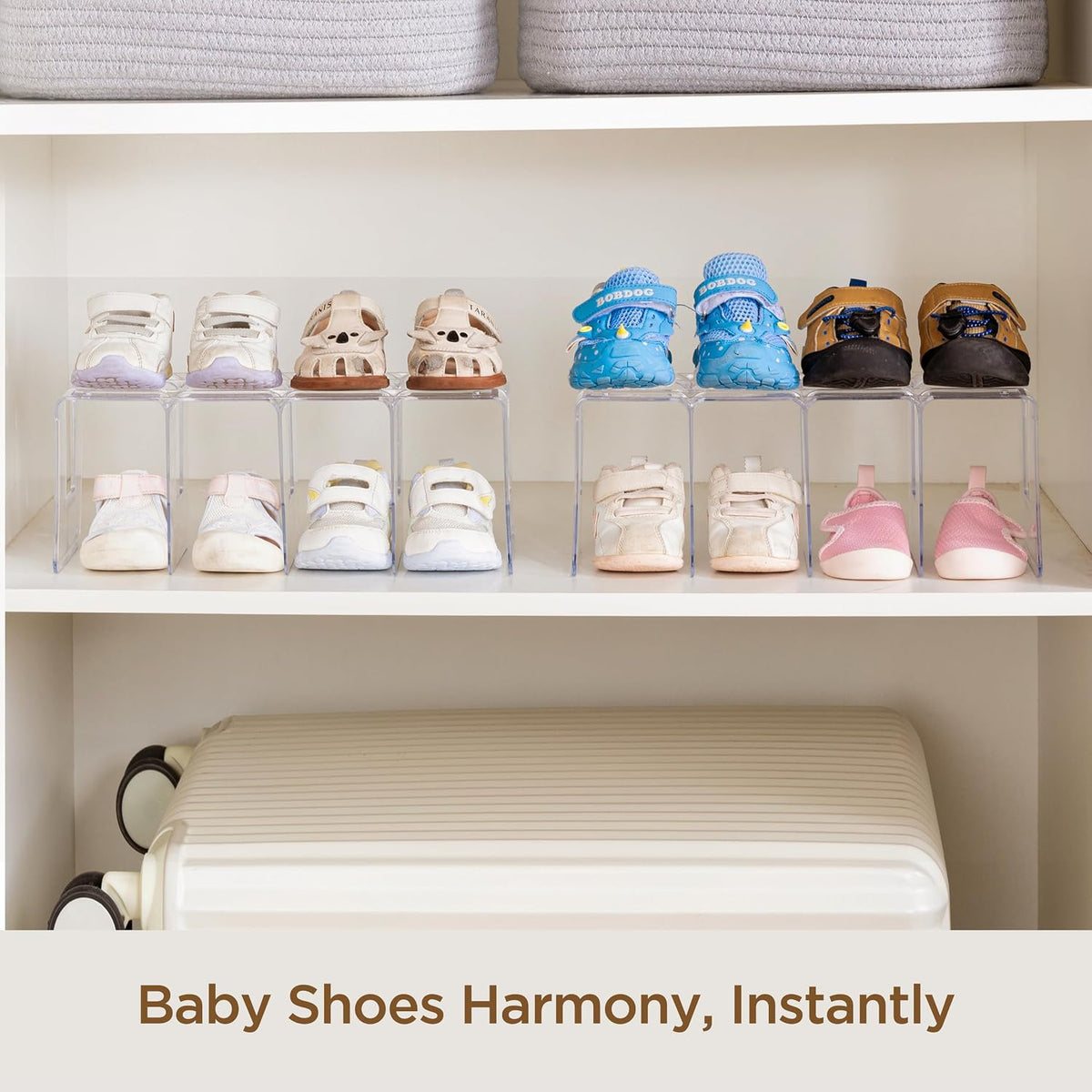HBlife Clear Acrylic Kids Shoe Rack for Closet Organizers and Storage, Small Shoe Rack 4 Sections Toddler Baby Shoe Storage Organizer Stackable Shoe Shelf,Desk File Sorter Book Purse Organizer(2 Pack)