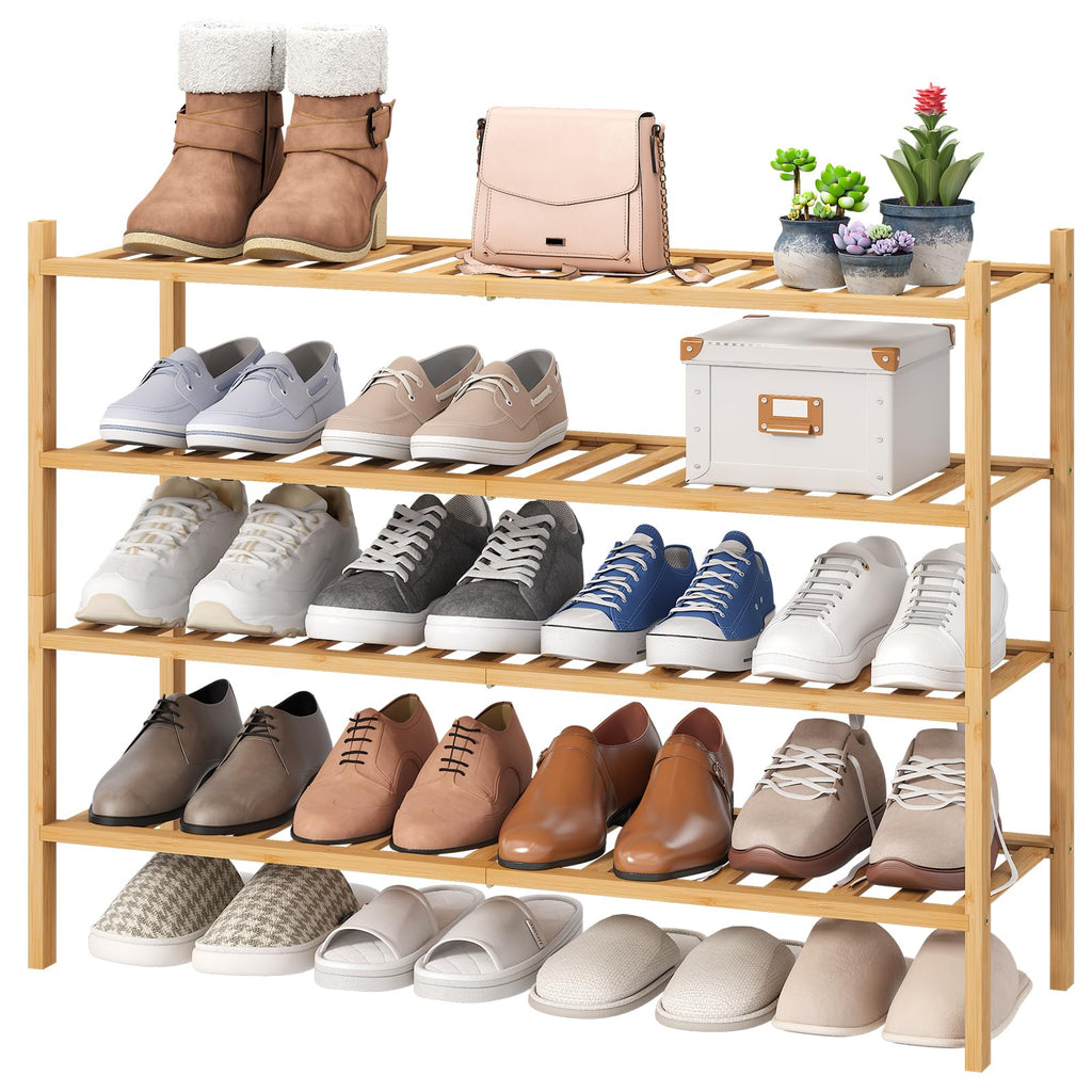viewcare 3-Tier Black Bamboo Shoe Rack for Entryway, Stackable | Foldable | Natural, Shoe Shelf Storage Organizer for Hallway Closet, Free Standing Shoe Racks for Indoor Outdoor