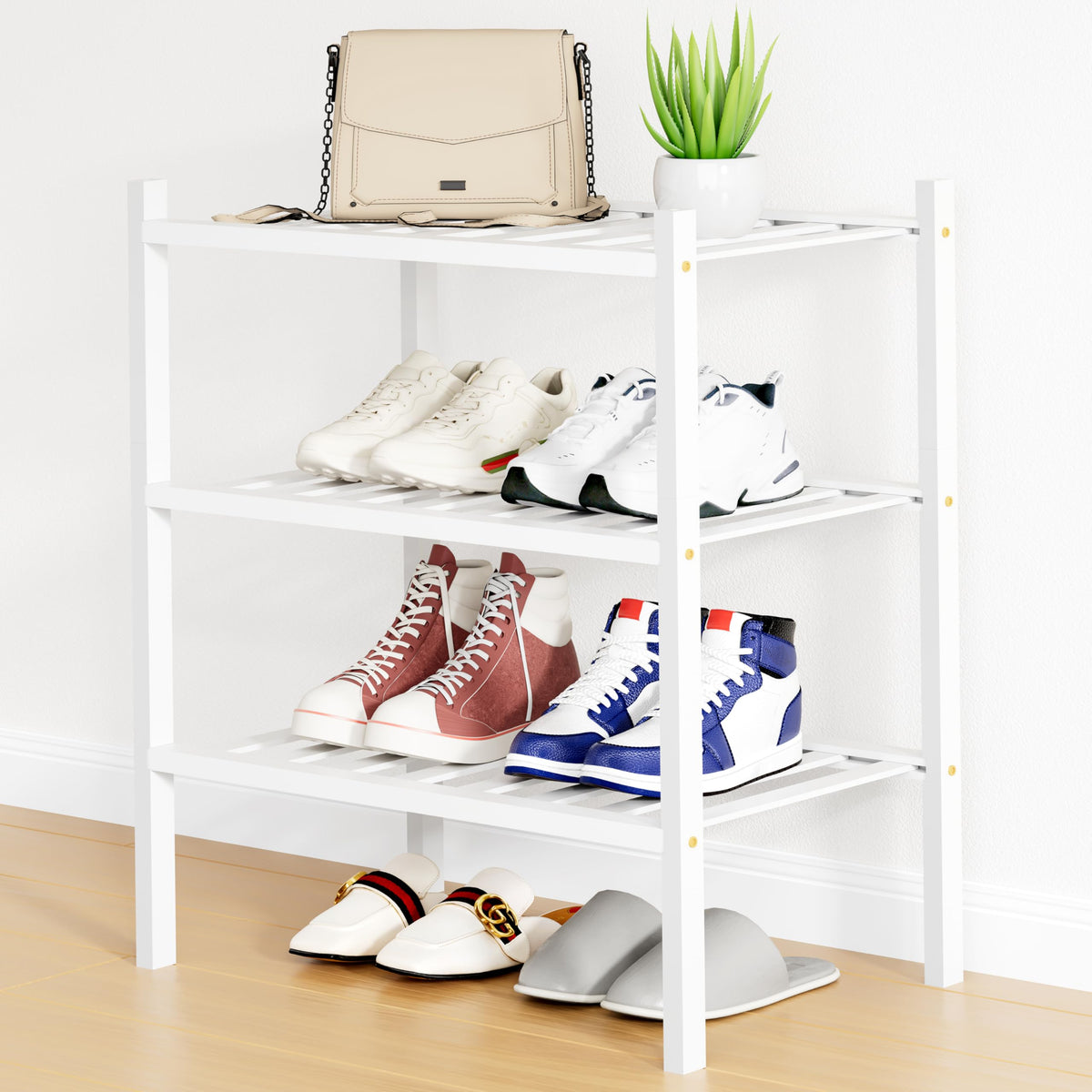 Smiry Bamboo Shoe Rack, 12 Vertical Slats, 3 Tier - 26.8" Wide, Natural