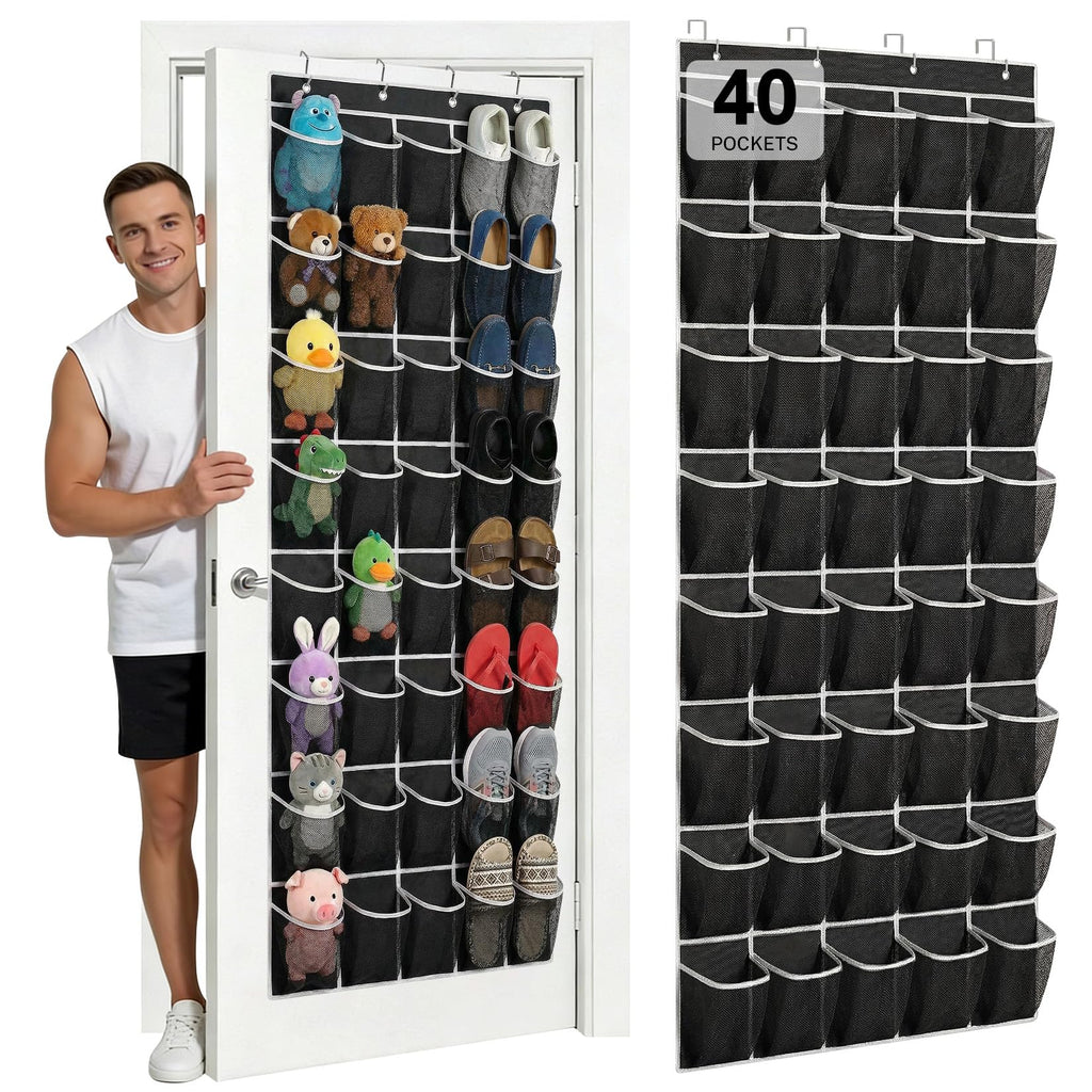 40 Large Mesh Pocket Over the Door Shoe Organizer,Hanging Shoe Rack for Door,Hualleko Shoes Organizer Hanger with Large Capacity, Shoes Storage Holder Sturdy Non-woven Fabric - Stores 20 Pairs (White)