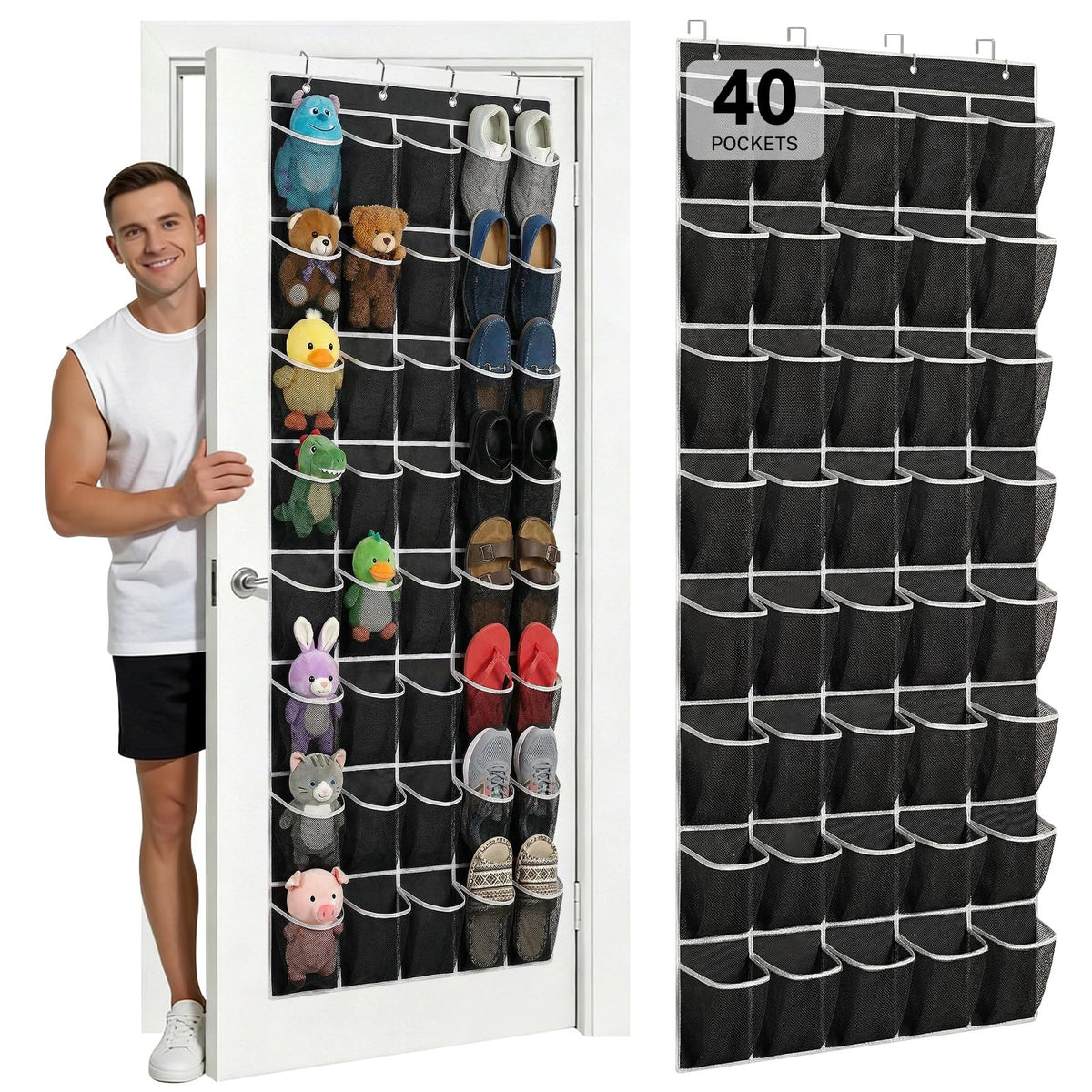 40 Large Mesh Pocket Over the Door Shoe Organizer,Hanging Shoe Rack for Door,Hualleko Shoes Organizer Hanger with Large Capacity, Shoes Storage Holder Sturdy Non-woven Fabric - Stores 20 Pairs (White)