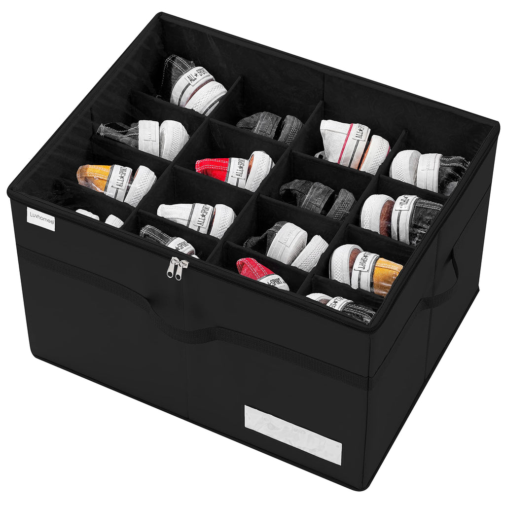 LUVHOMEE Shoe Organizer for Closet, Fits 16 Pairs, Large Shoe Box Storage Containers, Clear Foldable Shoe Storage Bins w/Bottom Support, Space Saving Shoes Holder w/Reinforced Handles, Gray