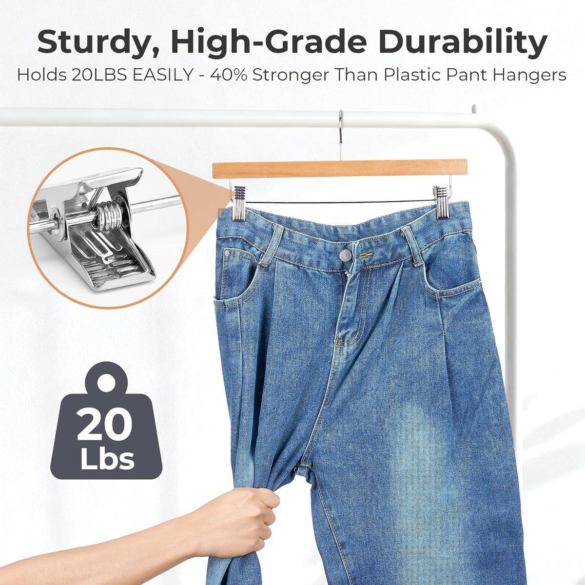 HOUSE DAY Wooden Pants Hangers with Clips, 25 Pack Skirt Hangers, Natural