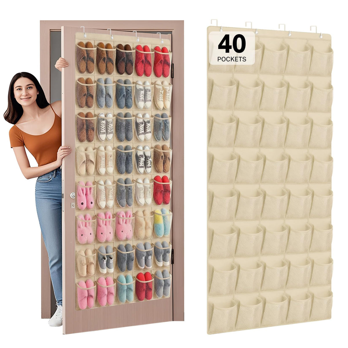 40 Large Mesh Pocket Over the Door Shoe Organizer,Hanging Shoe Rack for Door,Hualleko Shoes Organizer Hanger with Large Capacity, Shoes Storage Holder Sturdy Non-woven Fabric - Stores 20 Pairs (White)