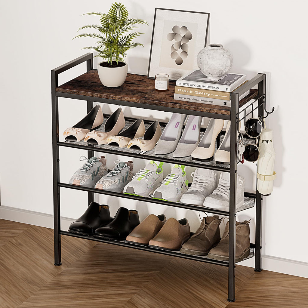 4 Tier Shoe Rack, Shoe Rack for Entryway with Hook, Shoe Organizer with Adjustable Mesh Shelves, Metal Shoe Storage, Closet, Bedroom Living Room Garage