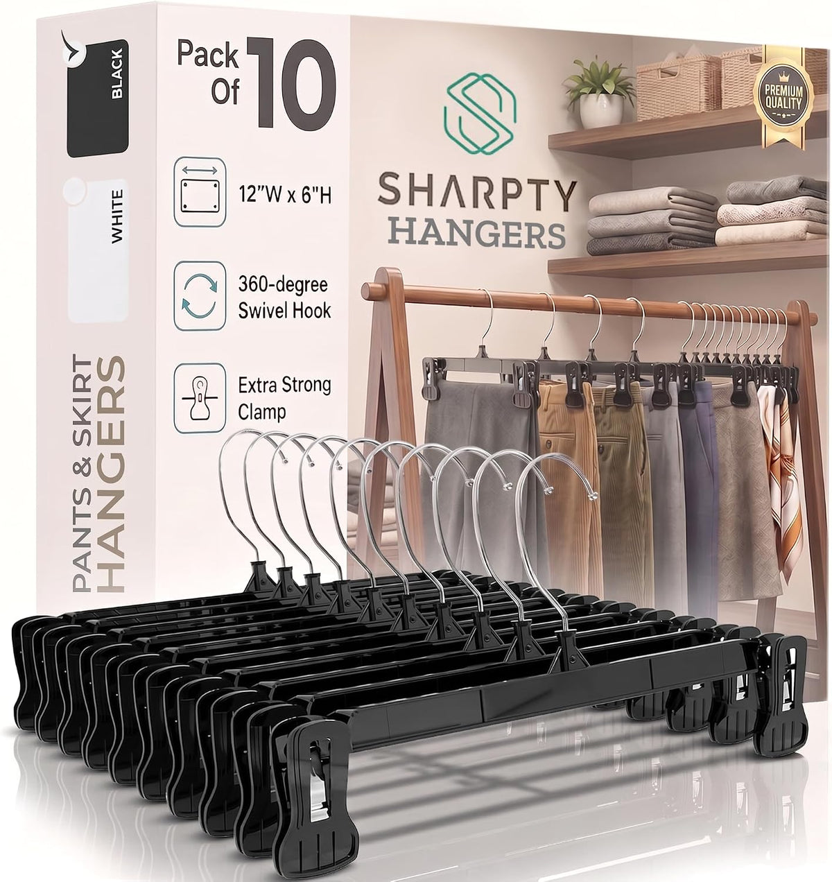 Sharpty Pant & Skirt Hangers - Closet Hangers for Shorts, Shirts, Jeans, Dresses, Slacks, Coats, Clothes, Clothing, Garments & More - Durable, Space Saving & Non-Slip, Black - 10 Pack