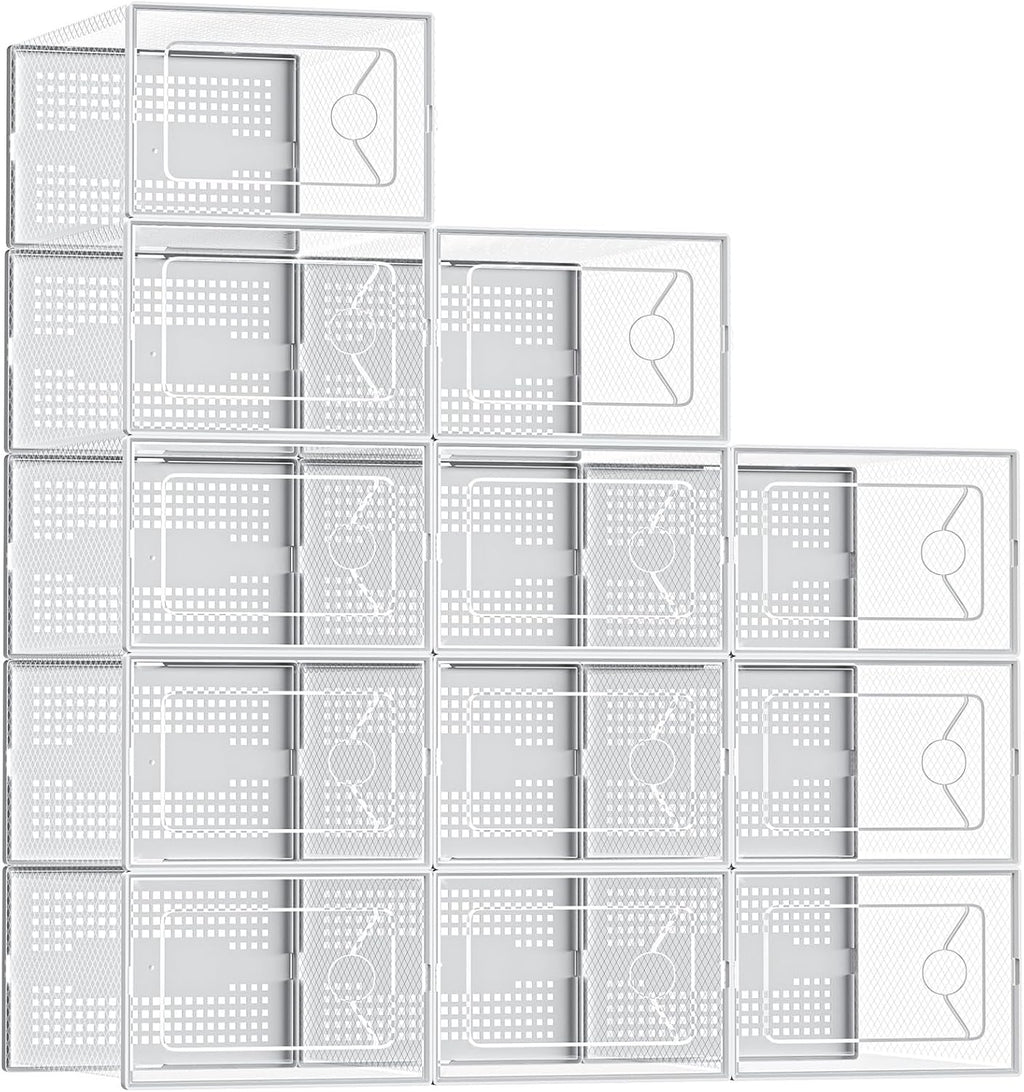 DUMOS Shoe Storage Boxes, 12-Pack Stackable Clear Shoe Containers with Lids, Display Sneaker Case Organizer for Closet, Under Bed, Entryway,White, Fit Size 11