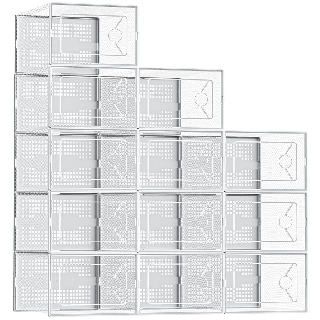 DUMOS Shoe Storage Boxes, 12-Pack Stackable Clear Shoe Containers with Lids, Display Sneaker Case Organizer for Closet, Under Bed, Entryway,White, Fit Size 11