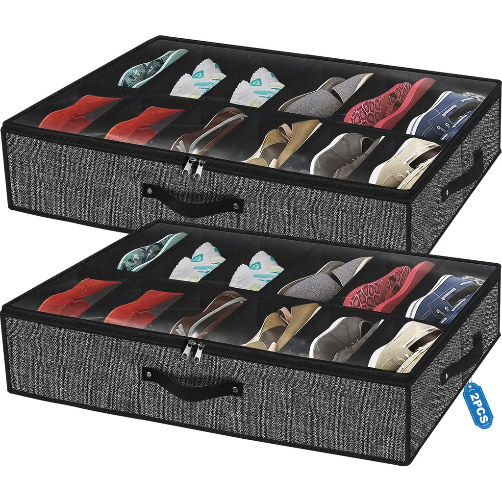 homyfort Under Bed Shoe Storage Organizer for Closet Fits 24 Pairs-Sturdy Underbed Shoe Storage Box Bins,Set of 2 (Linen-like Black)