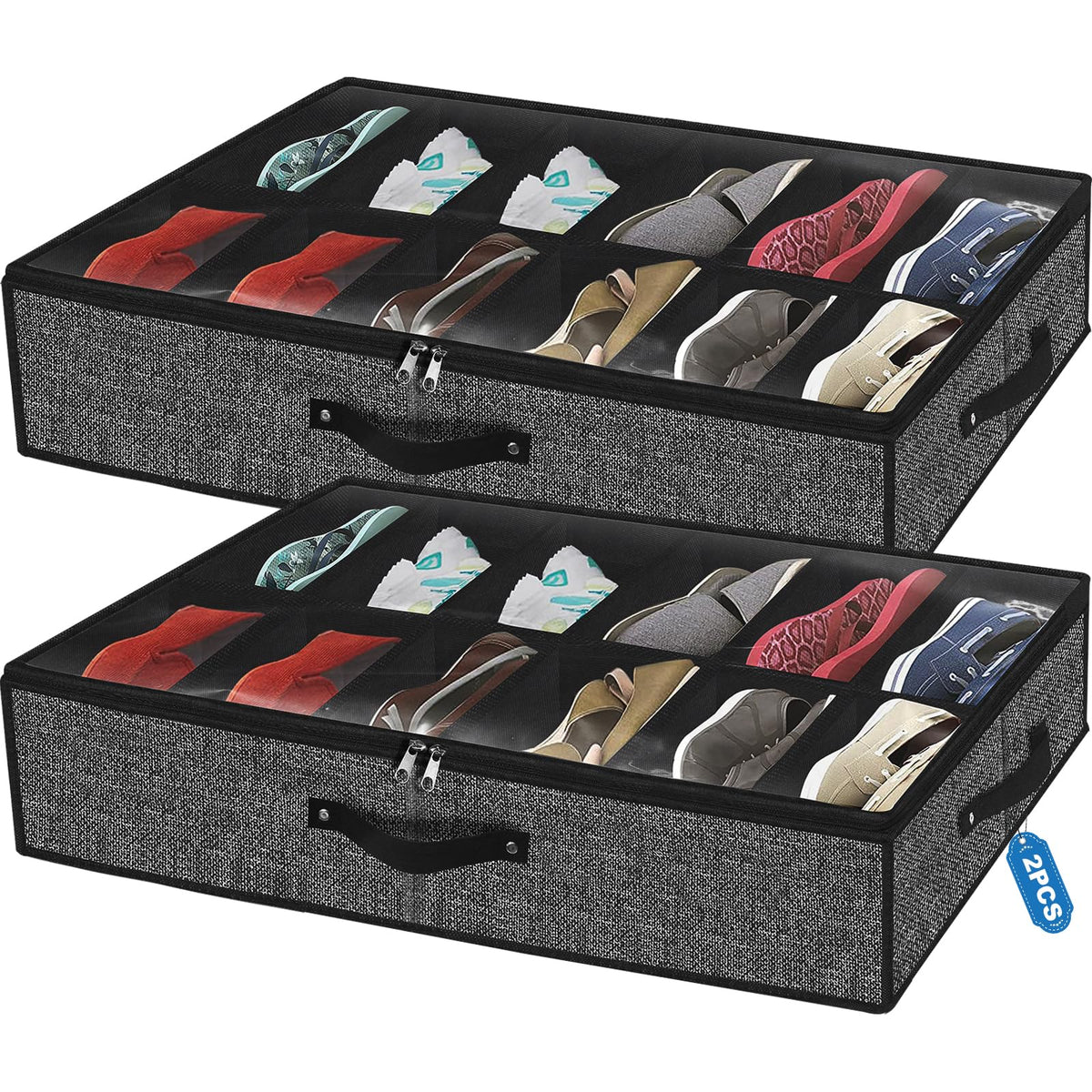 homyfort Under Bed Shoe Storage Organizer for Closet Fits 24 Pairs-Sturdy Underbed Shoe Storage Box Bins,Set of 2 (Linen-like Black)