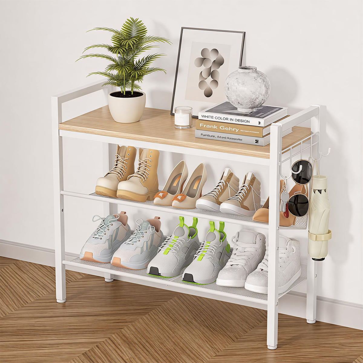 4 Tier Shoe Rack, Shoe Rack for Entryway with Hook, Shoe Organizer with Adjustable Mesh Shelves, Metal Shoe Storage, Closet, Bedroom Living Room Garage
