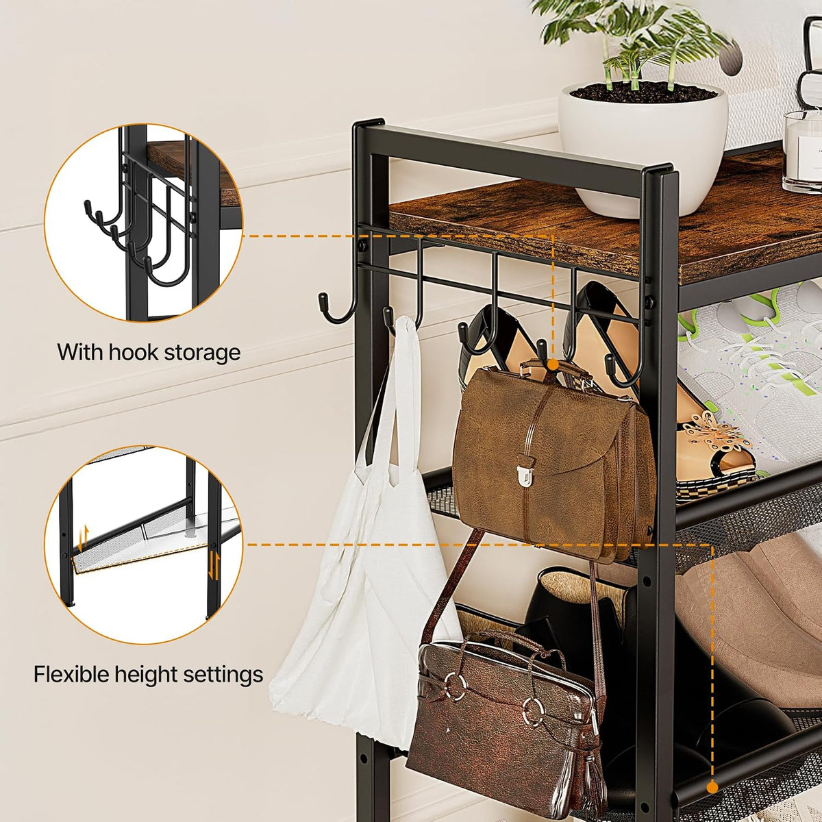 4 Tier Shoe Rack, Shoe Rack for Entryway with Hook, Shoe Organizer with Adjustable Mesh Shelves, Metal Shoe Storage, Closet, Bedroom Living Room Garage