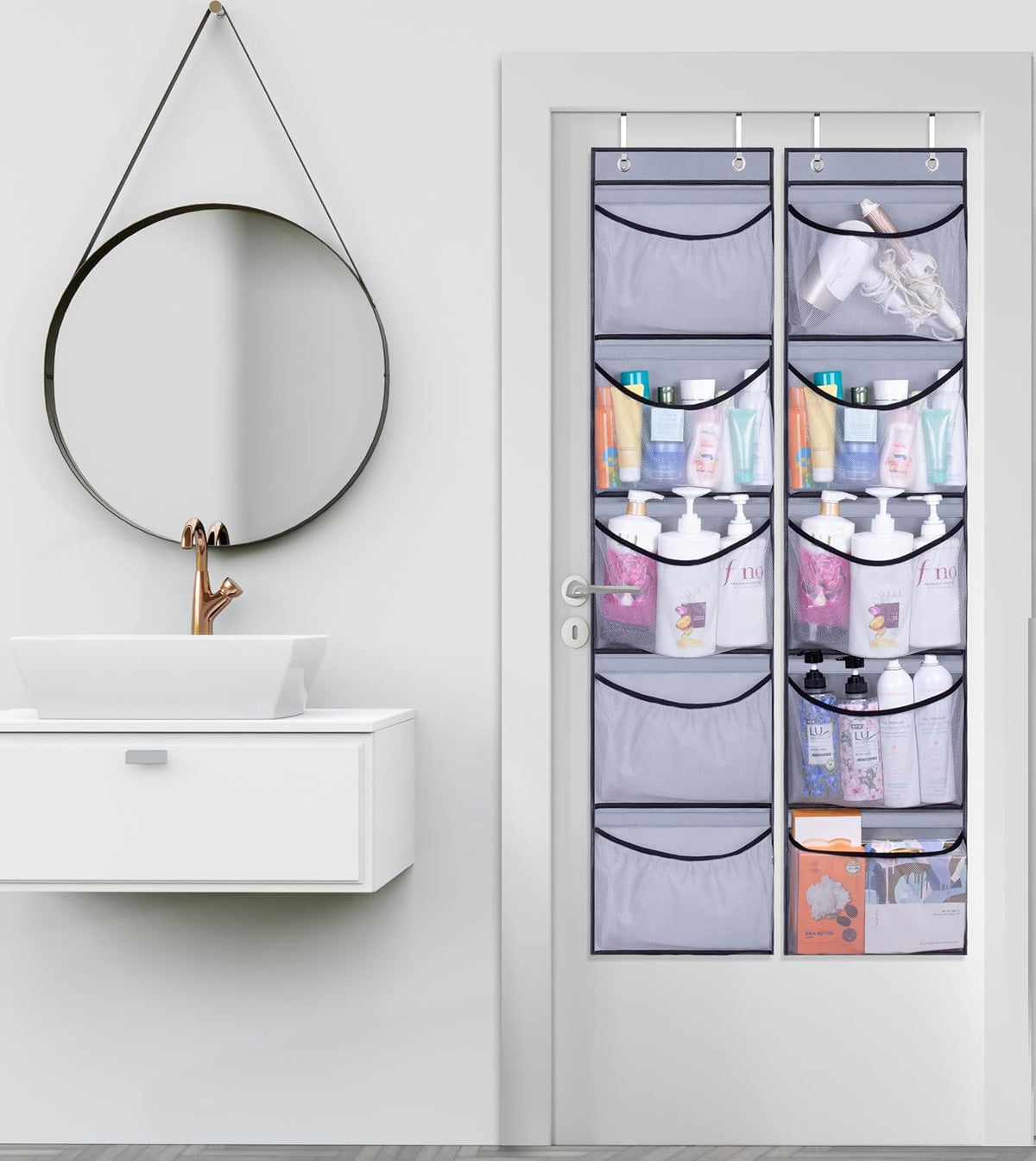 KEETDY Hanging Shelves Over the Door Organizer Storage for Closet with 5 Pockets Organizer for Bedroom Bathroom, 2 Pack（Grey）