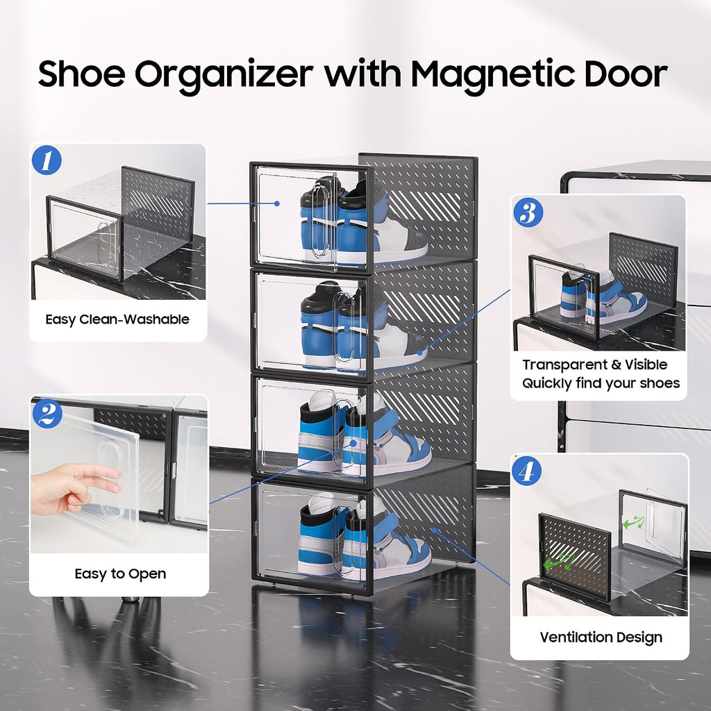 eWonLife X-Large Shoe Boxes with Magnetic Door, 12-Pack Stackable Shoes Storage Organizer for Closet, Clear Plastic Sneaker Container Shoe Rack for Size 12, Black