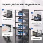 eWonLife X-Large Shoe Boxes with Magnetic Door, 12-Pack Stackable Shoes Storage Organizer for Closet, Clear Plastic Sneaker Container Shoe Rack for Size 12, Black