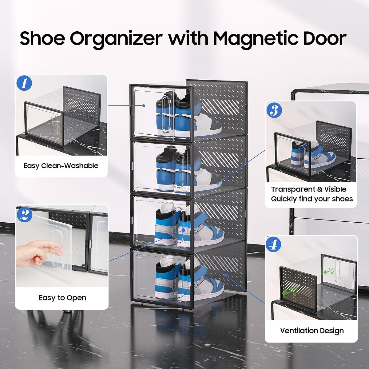 eWonLife X-Large Shoe Boxes with Magnetic Door, 12-Pack Stackable Shoes Storage Organizer for Closet, Clear Plastic Sneaker Container Shoe Rack for Size 12, Black
