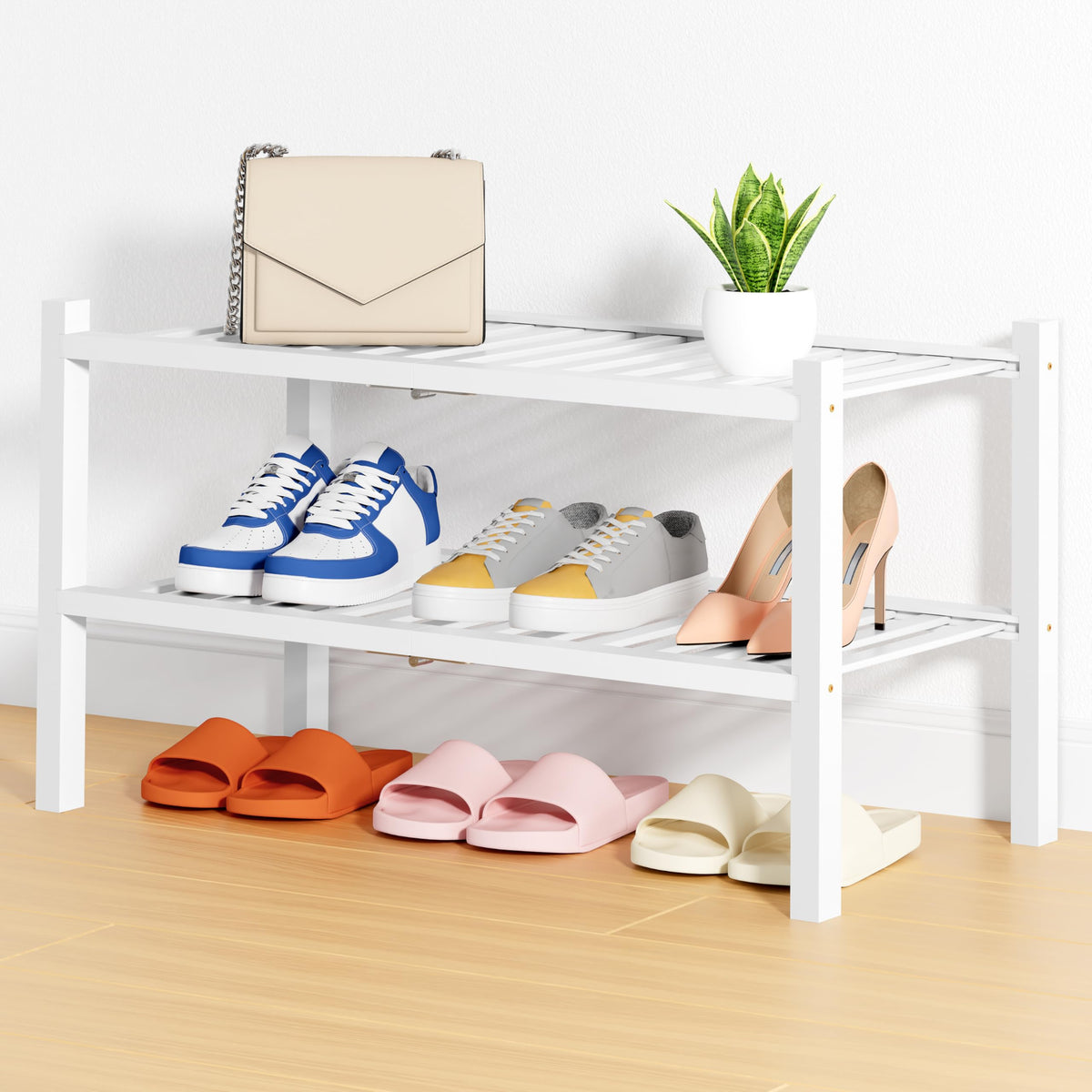 Smiry Bamboo Shoe Rack, 12 Vertical Slats, 3 Tier - 26.8" Wide, Natural