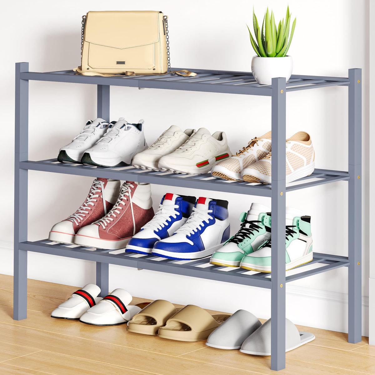 Smiry Bamboo Shoe Rack, 12 Vertical Slats, 3 Tier - 26.8" Wide, Natural