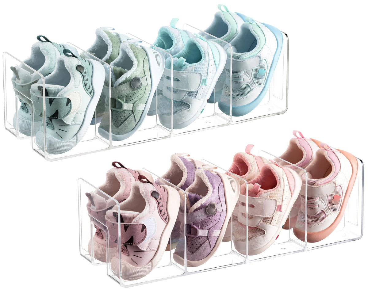 HBlife Clear Acrylic Kids Shoe Rack for Closet Organizers and Storage, Small Shoe Rack 4 Sections Toddler Baby Shoe Storage Organizer Stackable Shoe Shelf,Desk File Sorter Book Purse Organizer(2 Pack)