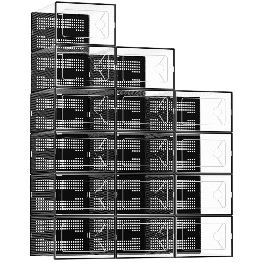 DUMOS Shoe Storage Boxes, 12-Pack Stackable Clear Shoe Containers with Lids, Display Sneaker Case Organizer for Closet, Under Bed, Entryway,White, Fit Size 11