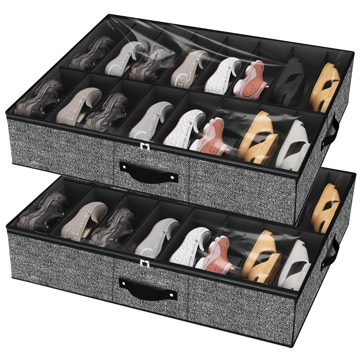 homyfort Under Bed Shoe Storage Organizer for Closet Fits 24 Pairs-Sturdy Underbed Shoe Storage Box Bins,Set of 2 (Linen-like Black)