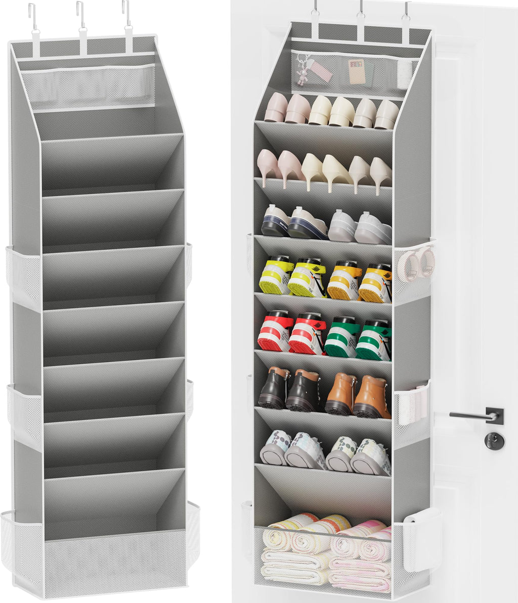 Criusia Shoe Organizer, Over the Door Shoe Organizer, Hanging Closet Shoe Storage with Large Deep Pockets, Fits 16–24 Pairs of Sneakers, Sandals, Boots, Gray