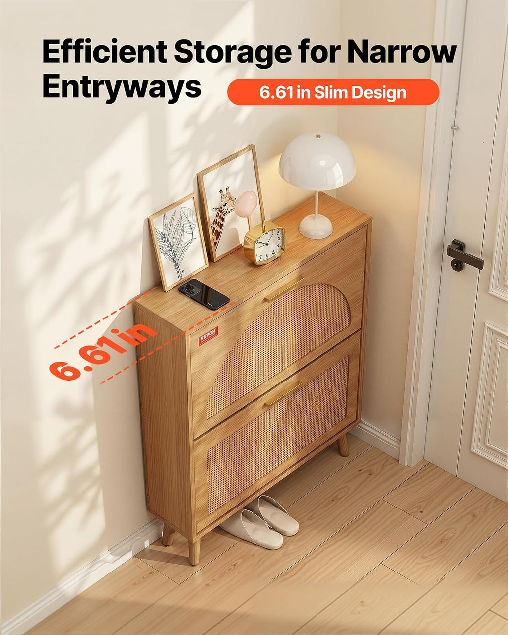 VEVOR Shoe Cabinet with 2 Flip Drawers, Shoe Storage Cabinet for Entryway, Free Standing Shoe Storage Organizer with Rattan Doors for Heels, Boots, Slippers in Hallway, Living Room