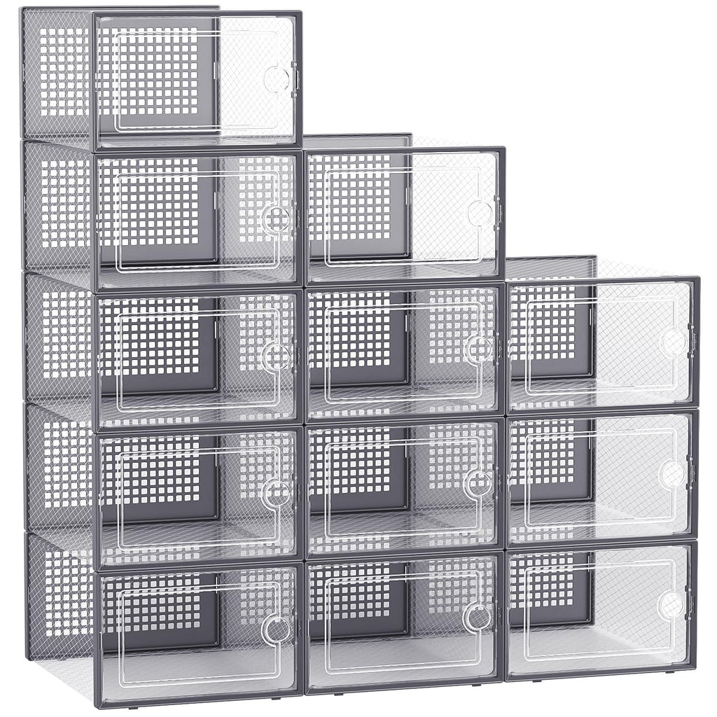 Kuject 12 Pack Large Shoe Boxes, Clear Stackable Containers with Lids,Black