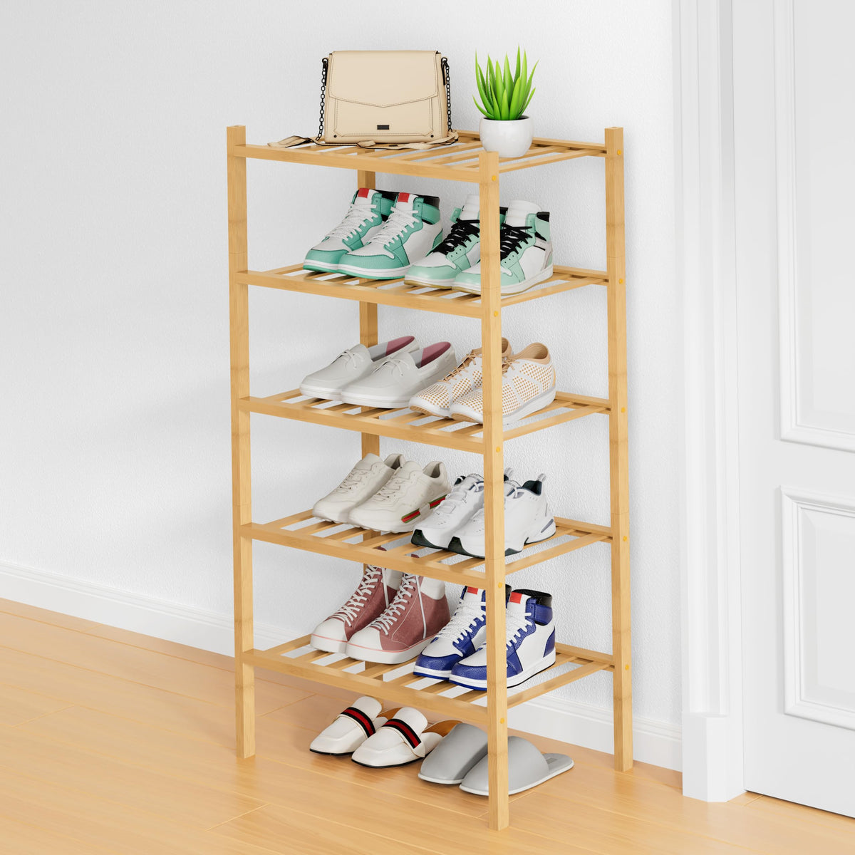 Smiry Bamboo Shoe Rack, 12 Vertical Slats, 3 Tier - 26.8" Wide, Natural