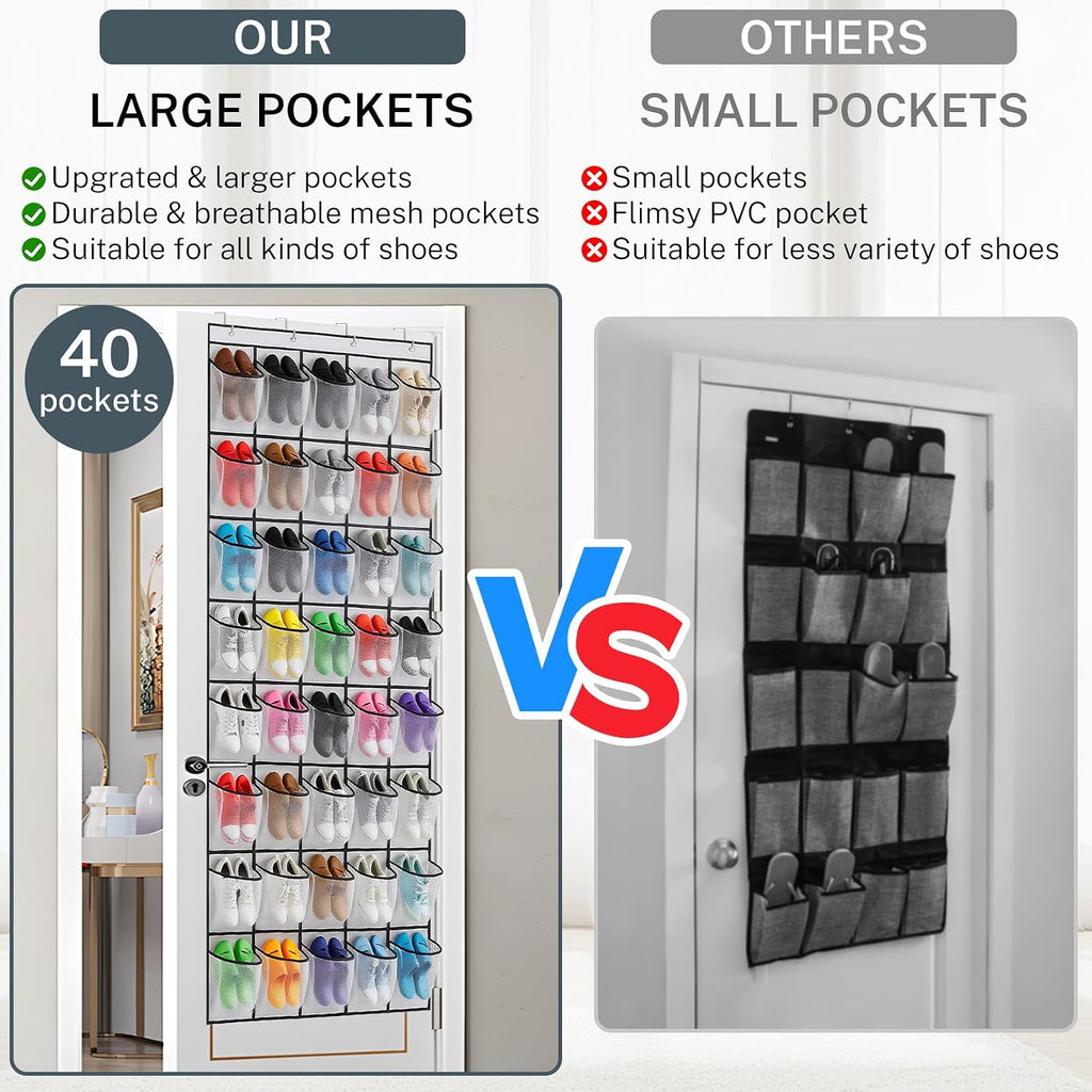40 Large Mesh Pocket Over the Door Shoe Organizer,Hanging Shoe Rack for Door,Hualleko Shoes Organizer Hanger with Large Capacity, Shoes Storage Holder Sturdy Non-woven Fabric - Stores 20 Pairs (White)