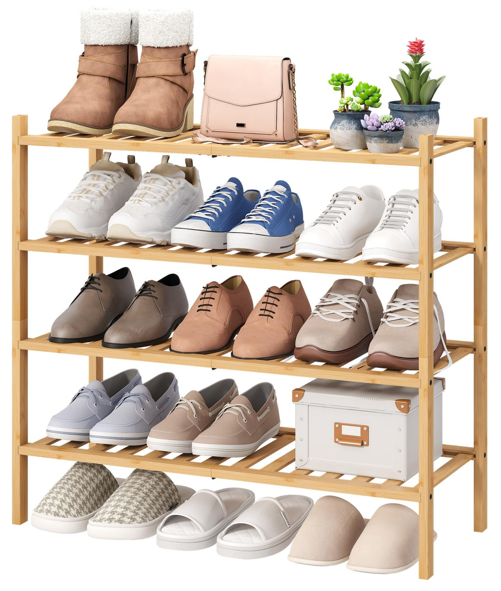 viewcare 3-Tier Black Bamboo Shoe Rack for Entryway, Stackable | Foldable | Natural, Shoe Shelf Storage Organizer for Hallway Closet, Free Standing Shoe Racks for Indoor Outdoor
