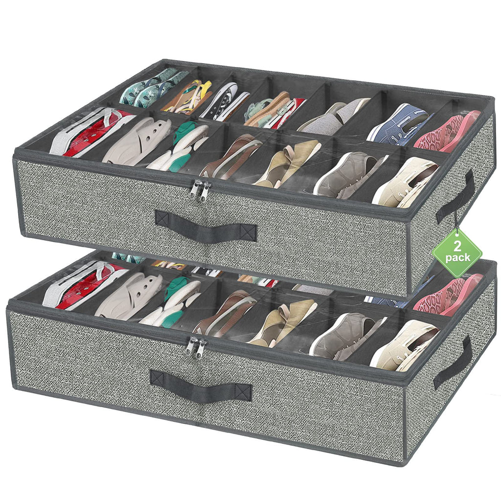 homyfort Under Bed Shoe Storage Organizer for Closet Fits 24 Pairs-Sturdy Underbed Shoe Storage Box Bins,Set of 2 (Linen-like Black)