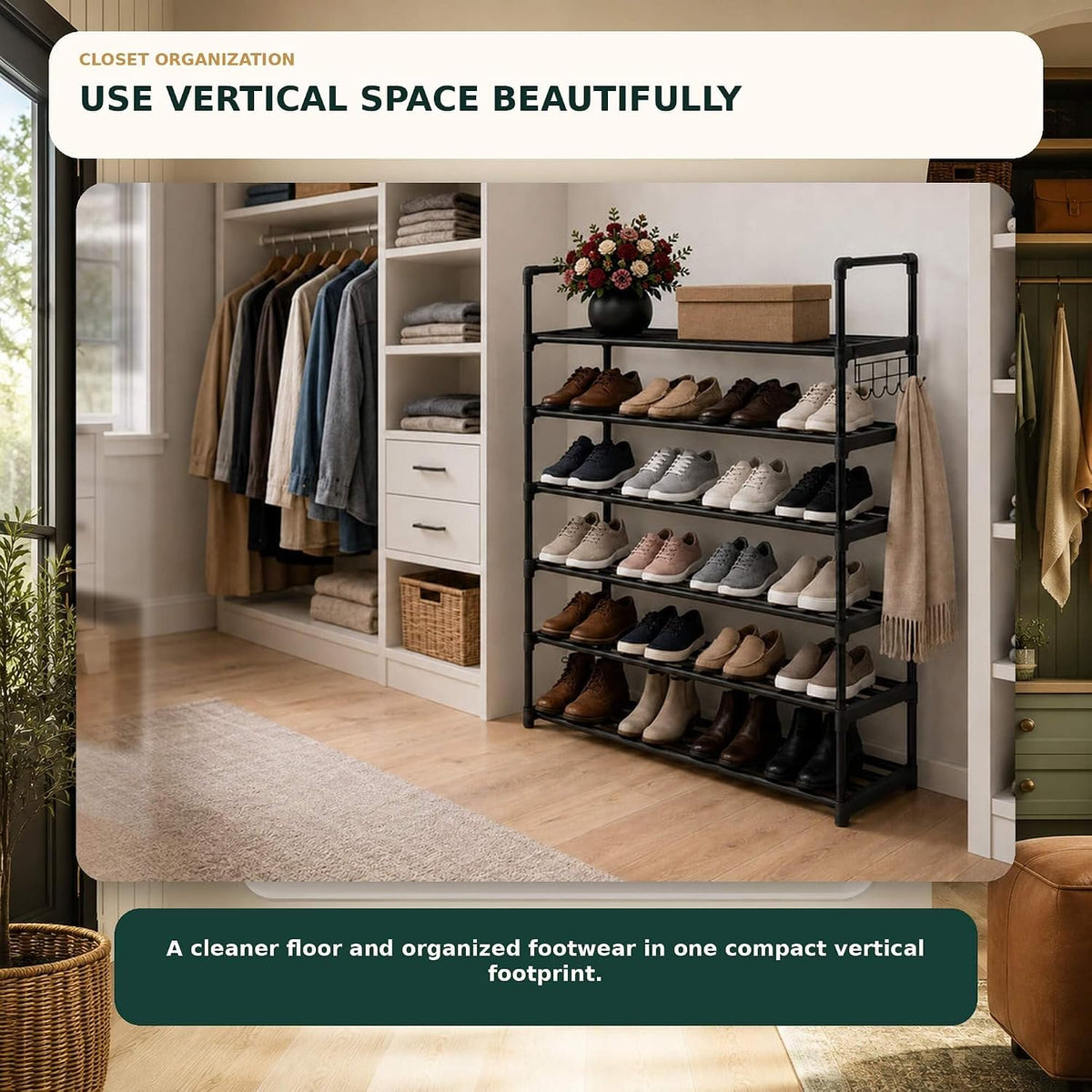 Hsscblet 6 Tiers Metal Shoe Rack,Adjustable Shoe Shelf Storage Organizer with Hooks,Stackable Boot & Shoe Storage,for Entryway,Hallway,Closet,Black