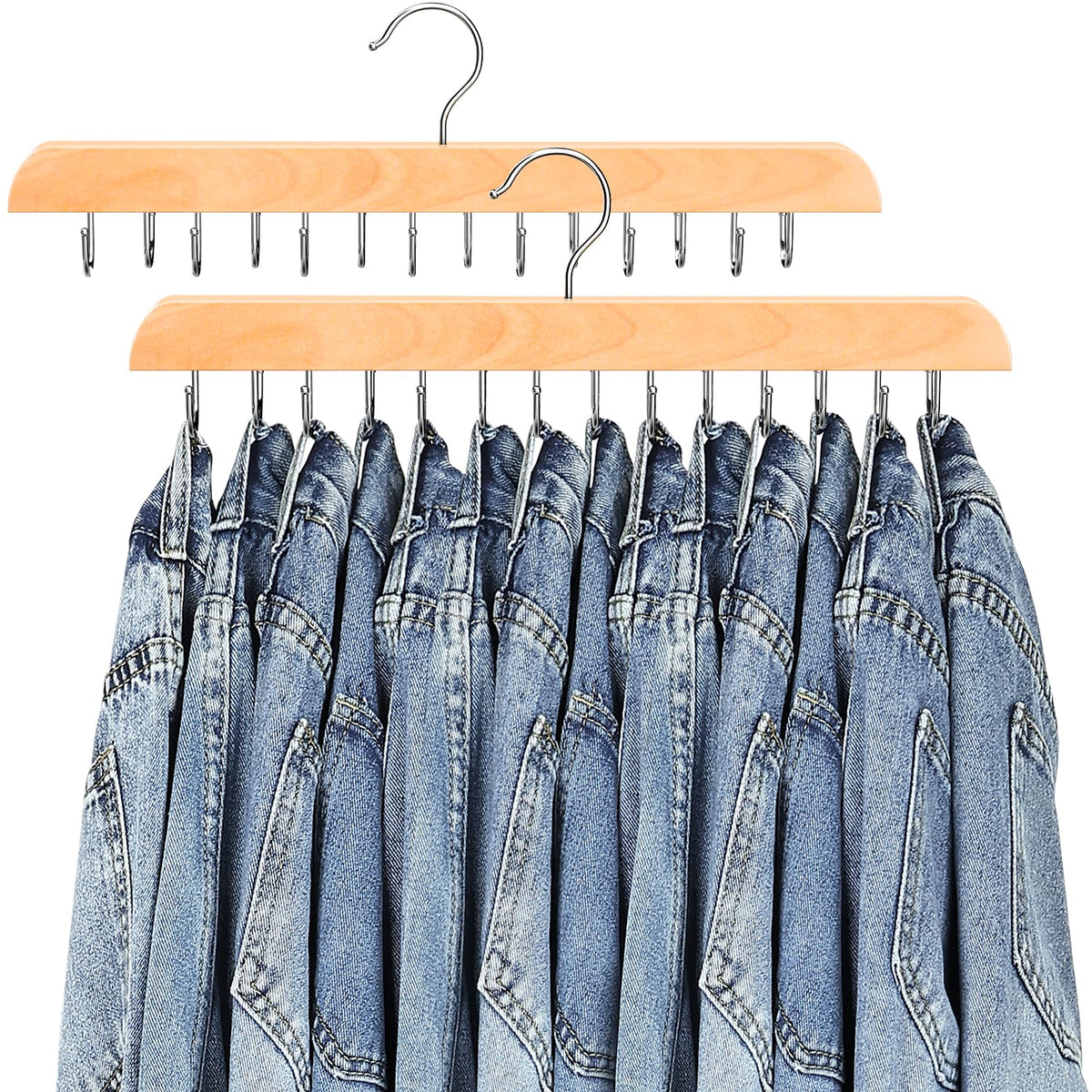 Jean Hangers for Closet, 14 Wood Jeans Hooks Space Saving, 180° Rotating Jean Hangers Holder for Skirts/Shorts/Belts/Ties, Closet Organizers and Storage, Pants Hooks for Jeans, 2 Pack, Natrual