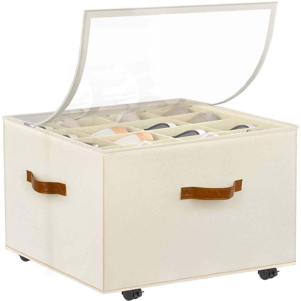Foyego 2 Pack Shoe Organizer for Closet, Shoe Storage with Wheels, Beige