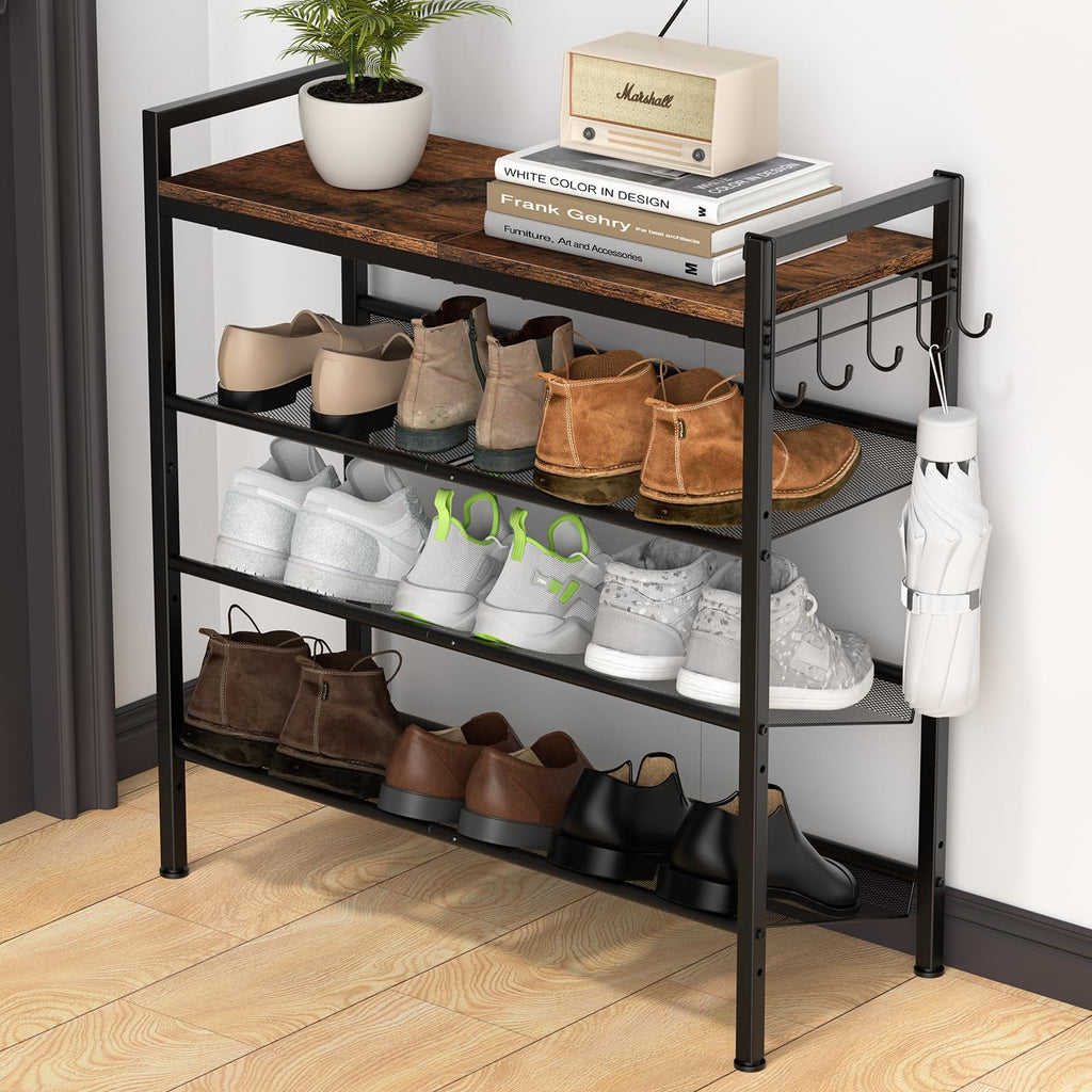 Refrze Shoe Rack for Front Door Entrance, 4 Tier Height-Adjustable Metal Shoe Rack, Sturdy Wooden Top and Tiltable Steel Frame Heavy Duty Shoe Organizer for Bathroom,Bedroom,Kitchen，Include Hook