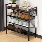 Refrze Shoe Rack for Front Door Entrance, 4 Tier Height-Adjustable Metal Shoe Rack, Sturdy Wooden Top and Tiltable Steel Frame Heavy Duty Shoe Organizer for Bathroom,Bedroom,Kitchen，Include Hook