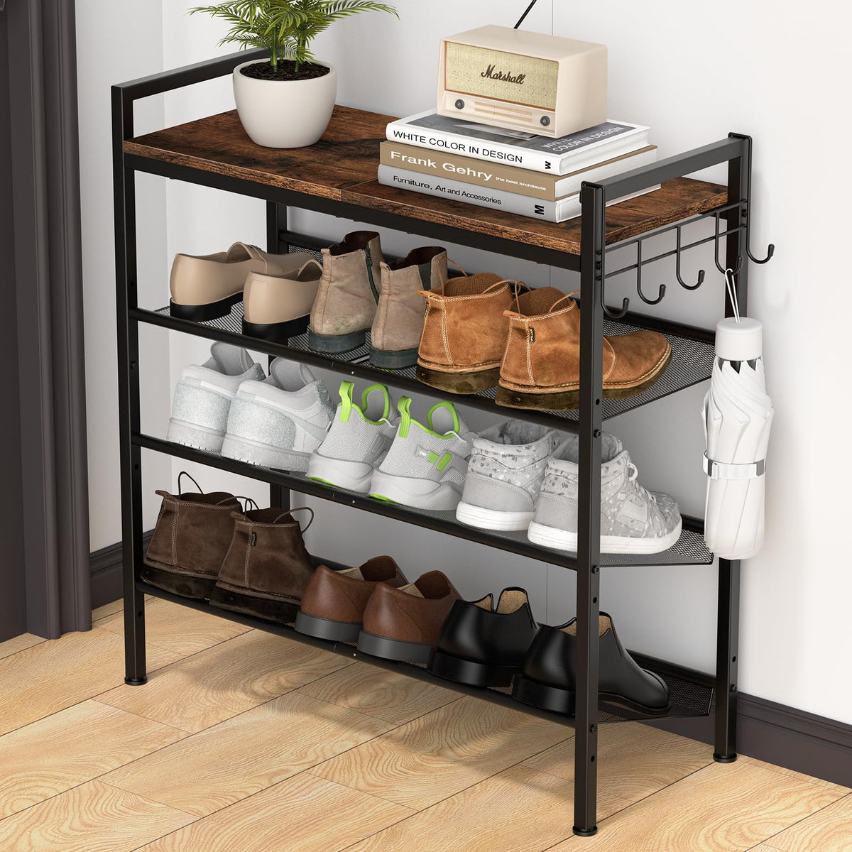 Refrze Shoe Rack for Front Door Entrance, 4 Tier Height-Adjustable Metal Shoe Rack, Sturdy Wooden Top and Tiltable Steel Frame Heavy Duty Shoe Organizer for Bathroom,Bedroom,Kitchen，Include Hook