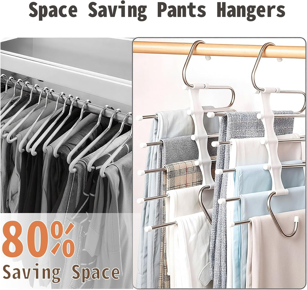 Pants Hangers Space Saving 5 Tier - 2 Pack Closet Organizers and Storage Closet Organizer,Anti-Slip Design,Closet Organizers and Storage for Pants Jeans Skirts Scarf Legging