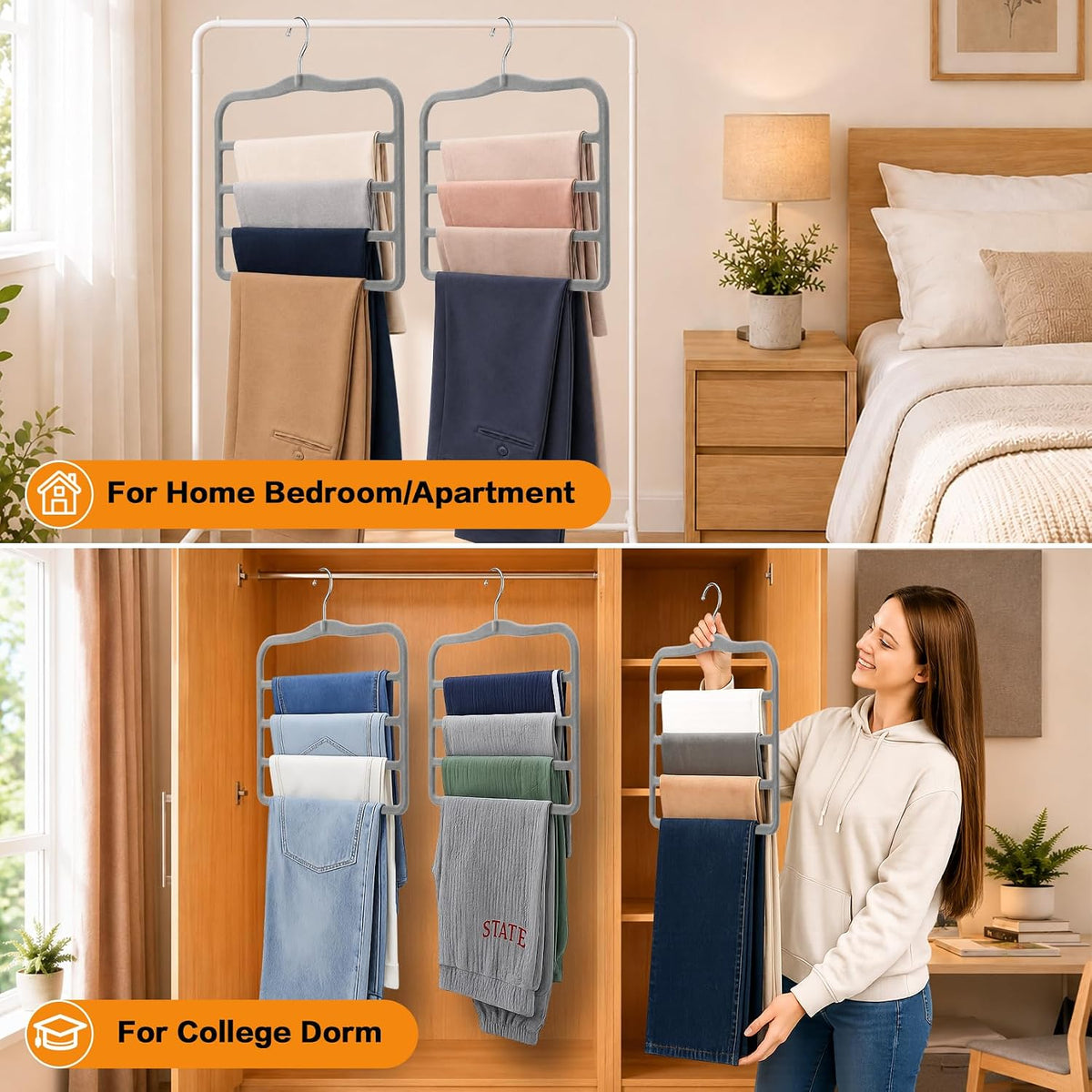 Velvet Pants Hangers Space Saving, 2-Pack Multi-Tier Closet Organizers,Grey