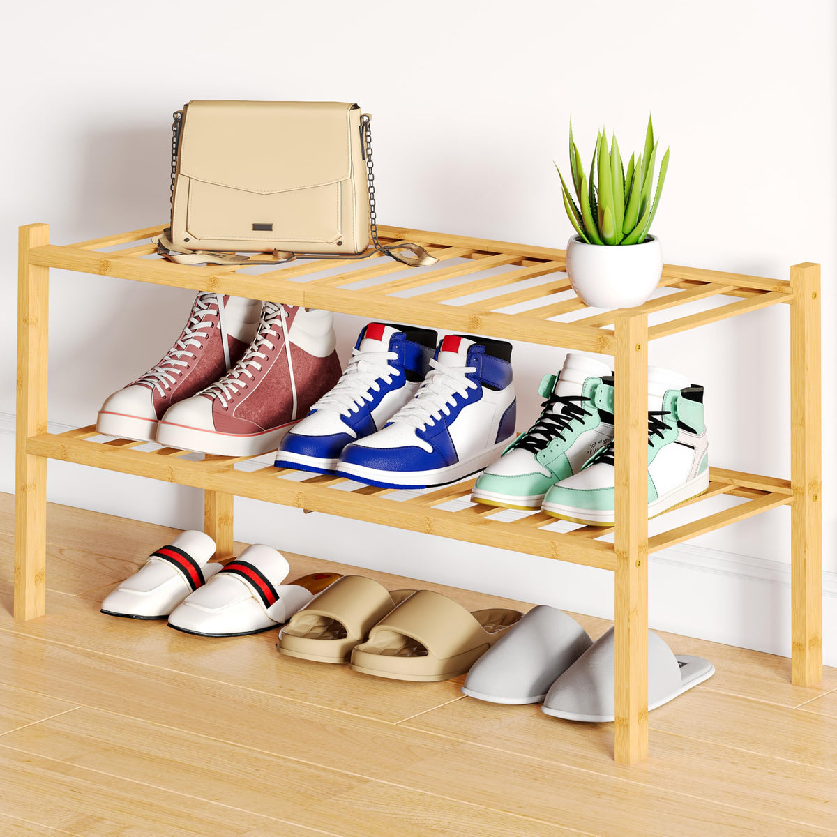 Smiry Bamboo Shoe Rack, 12 Vertical Slats, 3 Tier - 26.8" Wide, Natural