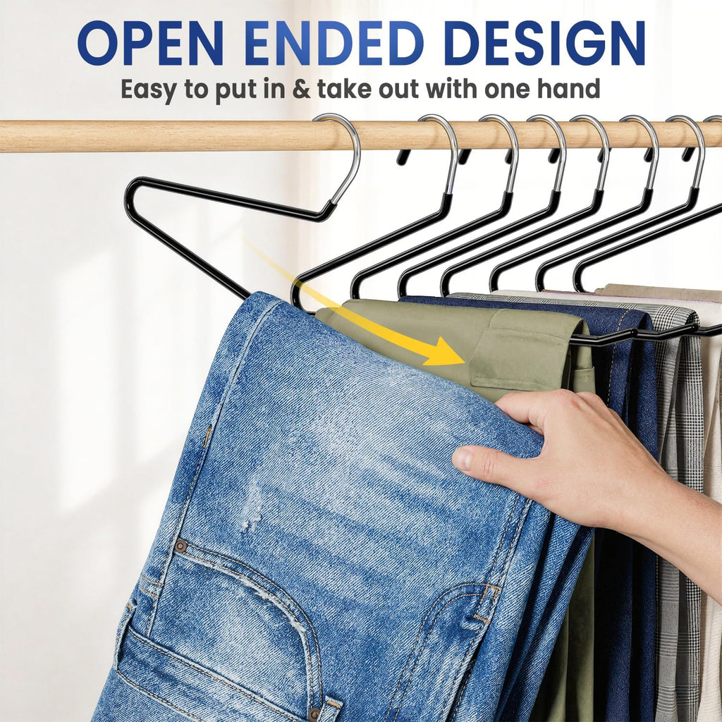 DAMITA Open Ended Pants Hangers - Non Slip Heavy Duty Metal Hangers 10 Pack - Space Saving Jeans Trousers Blanket Organizer for Closet - 7 lbs Load Capacity Rubber Coating Black