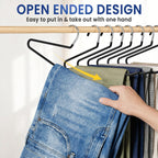 DAMITA Open Ended Pants Hangers - Non Slip Heavy Duty Metal Hangers 10 Pack - Space Saving Jeans Trousers Blanket Organizer for Closet - 7 lbs Load Capacity Rubber Coating Black
