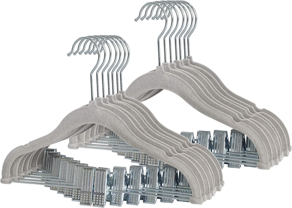 Finnhomy Non-Slip Clothes Hangers for Baby and Kids 20-Pack Velvet Hangers with Movable Clips, Heavy-Duty and Space-Saving for Pants,Skirts, Coat, Gray